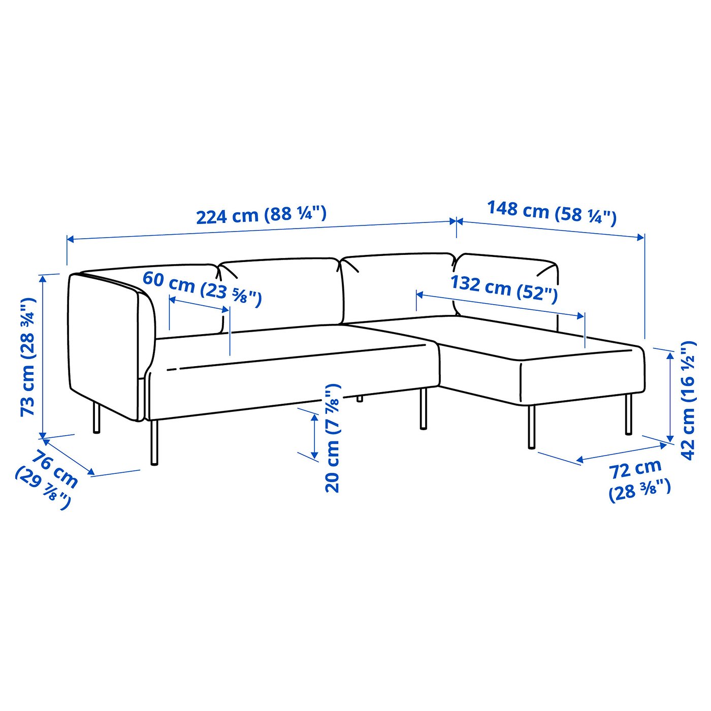 LILLEHEM 3-osob sofa modułowa z szezlongiem - Gunnared/brązowoczerwony metal
